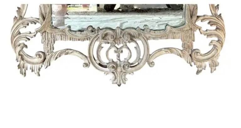Chinese Chippendale Style Whitewashed Wall Mirror, Hand-Carved Wood - 6