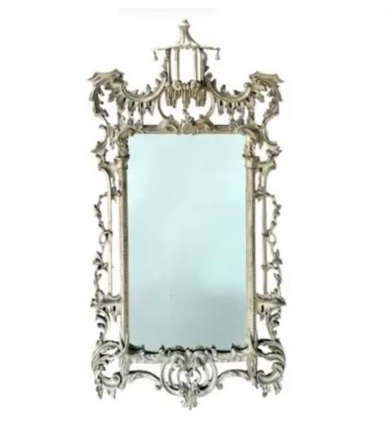 Chinese Chippendale Style Whitewashed Wall Mirror, Hand-Carved Wood - 9