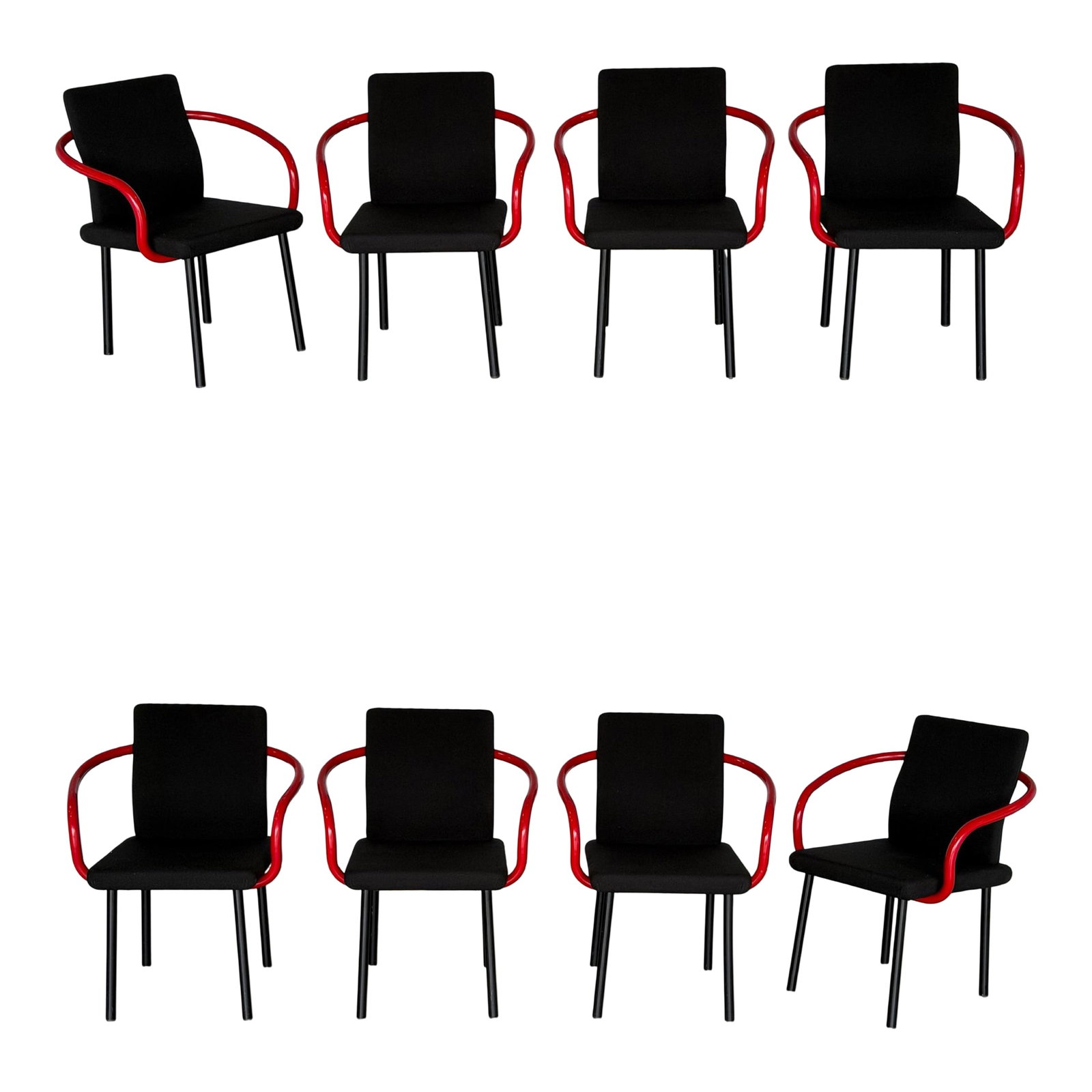 1990s Set of 8 Ettore Sottsass Mandarin Chairs by Knoll - Black + Red Post Modern: Set of Eight (8) Knoll International "Mandarin" chairs by Ettore Sottsass. Exemplifying Sottsass's bold postmodern sensibility, these sculptural chairs feature vivid red enameled arms contrasted