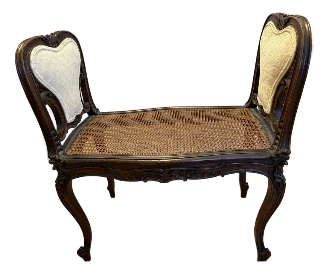 Mid 19th Century French Louis XV Style Carved Walnut and Cane Vanity Bench (1 of 5)