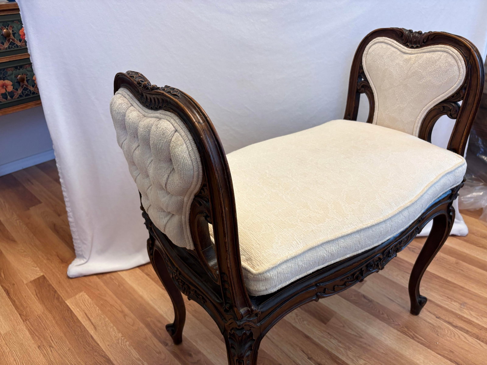Mid 19th Century French Louis XV Style Carved Walnut and Cane Vanity Bench - 4
