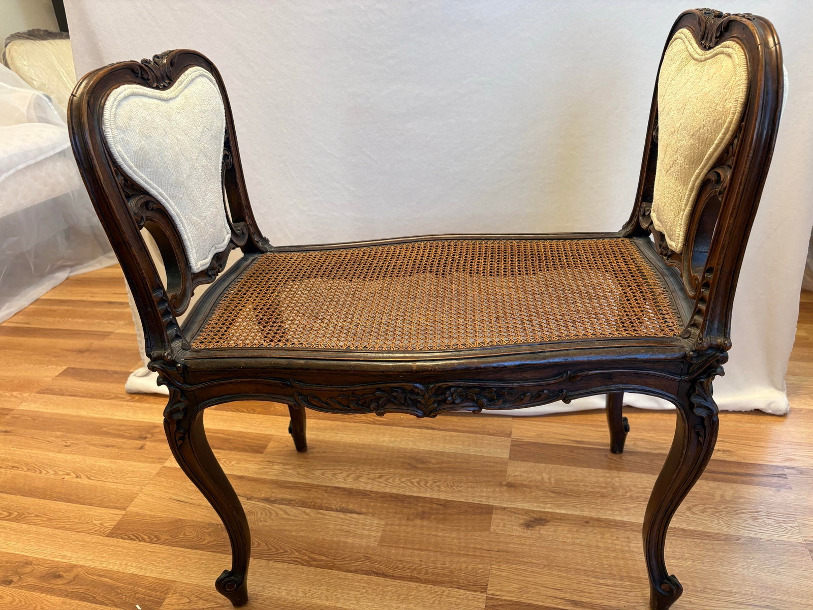 Mid 19th Century French Louis XV Style Carved Walnut and Cane Vanity Bench - 5