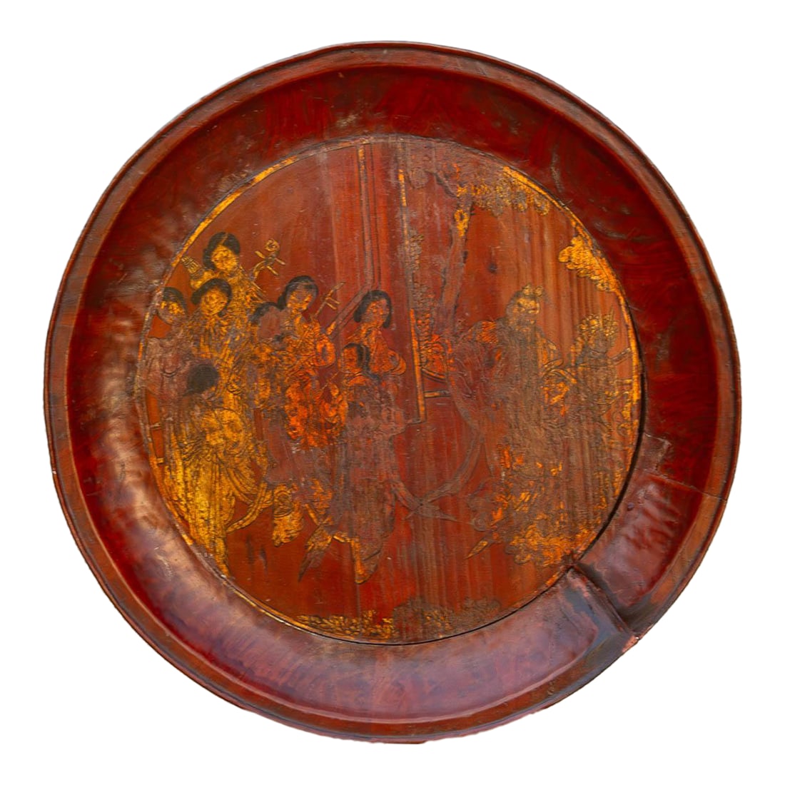 Antique Gilded Wood Offering Tray: This expansive tray is a definitive example of traditional East Asian lacquerwork, notable for its rich vermilion and deep mahogany tones. The central well is intricately hand-painted with a