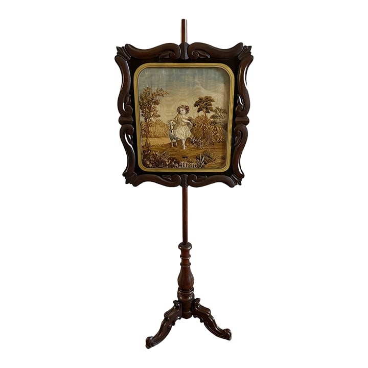Antique Victorian c.1850s Carved Rosewood Embroidered Silk Fireplace Pole Screen (1 of 11)