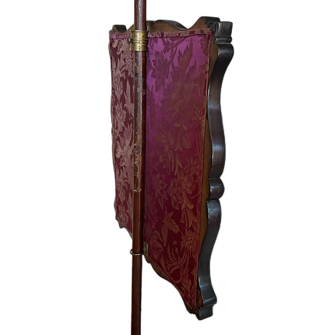 Antique Victorian c.1850s Carved Rosewood Embroidered Silk Fireplace Pole Screen - 9