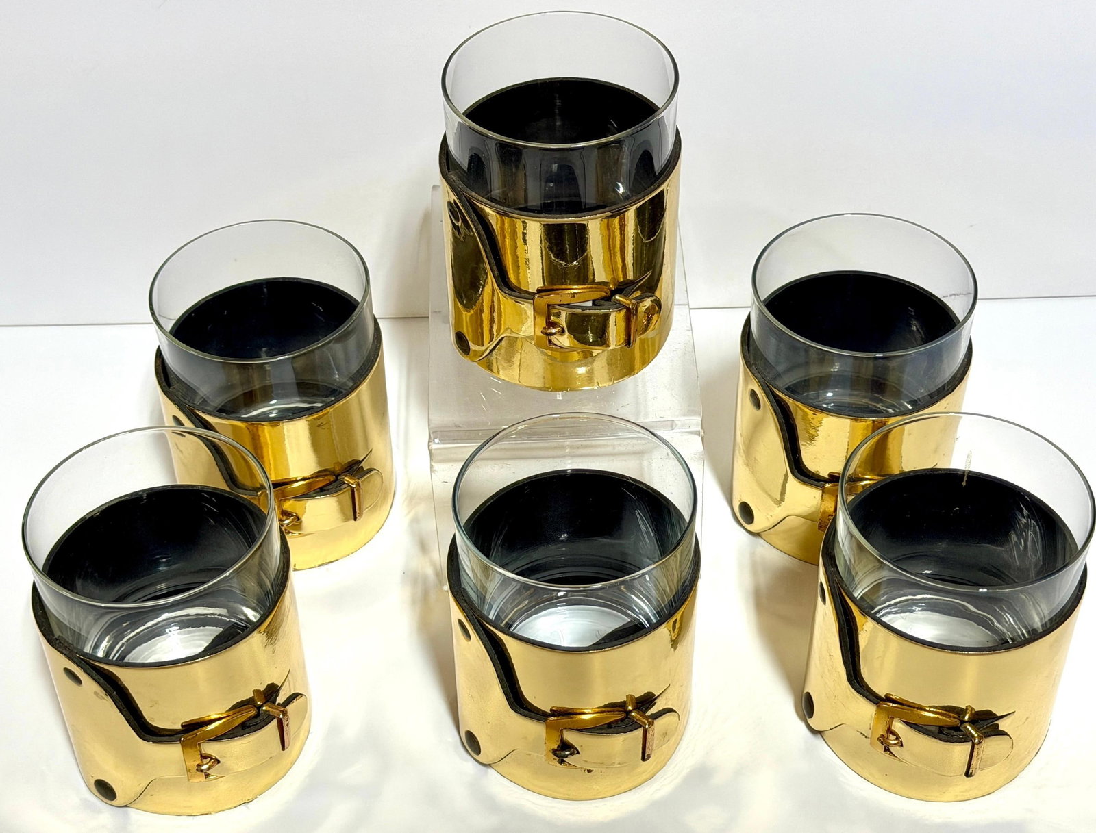 Late 20th Century 6 Italian Gold-Plated Leather Horsebit Old Fashioned Glasses, Style of Gucci - 13