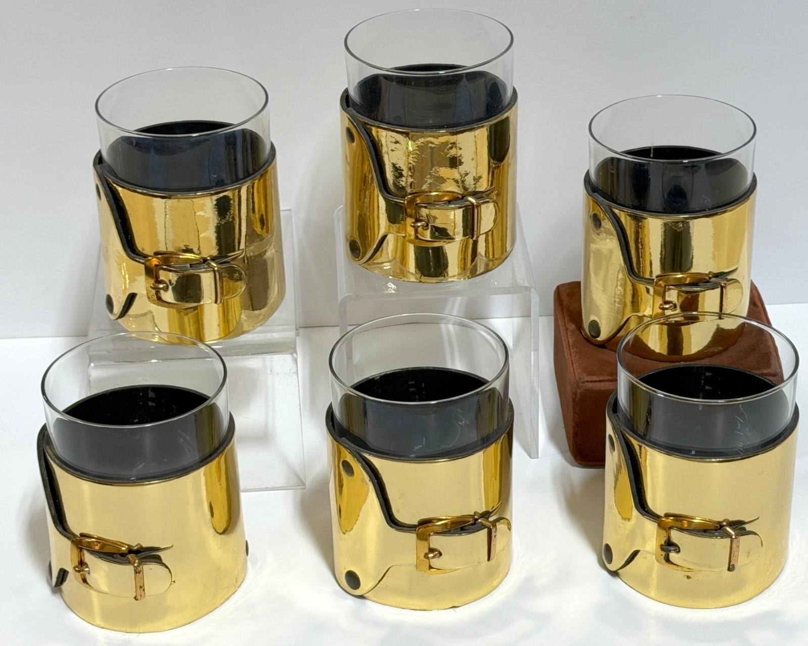 Late 20th Century 6 Italian Gold-Plated Leather Horsebit Old Fashioned Glasses, Style of Gucci - 14