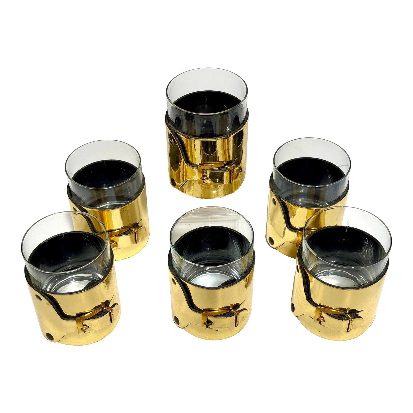 Late 20th Century 6 Italian Gold-Plated Leather Horsebit Old Fashioned Glasses, Style of Gucci: Set of Six Italian Gold-Plated/Finished Leather Horsebit Old-Fashioned Glasses, Style of Gucci, 1970s A striking and unusual set of six Italian Mid-Century Modern old-fashioned glasses, each encased w