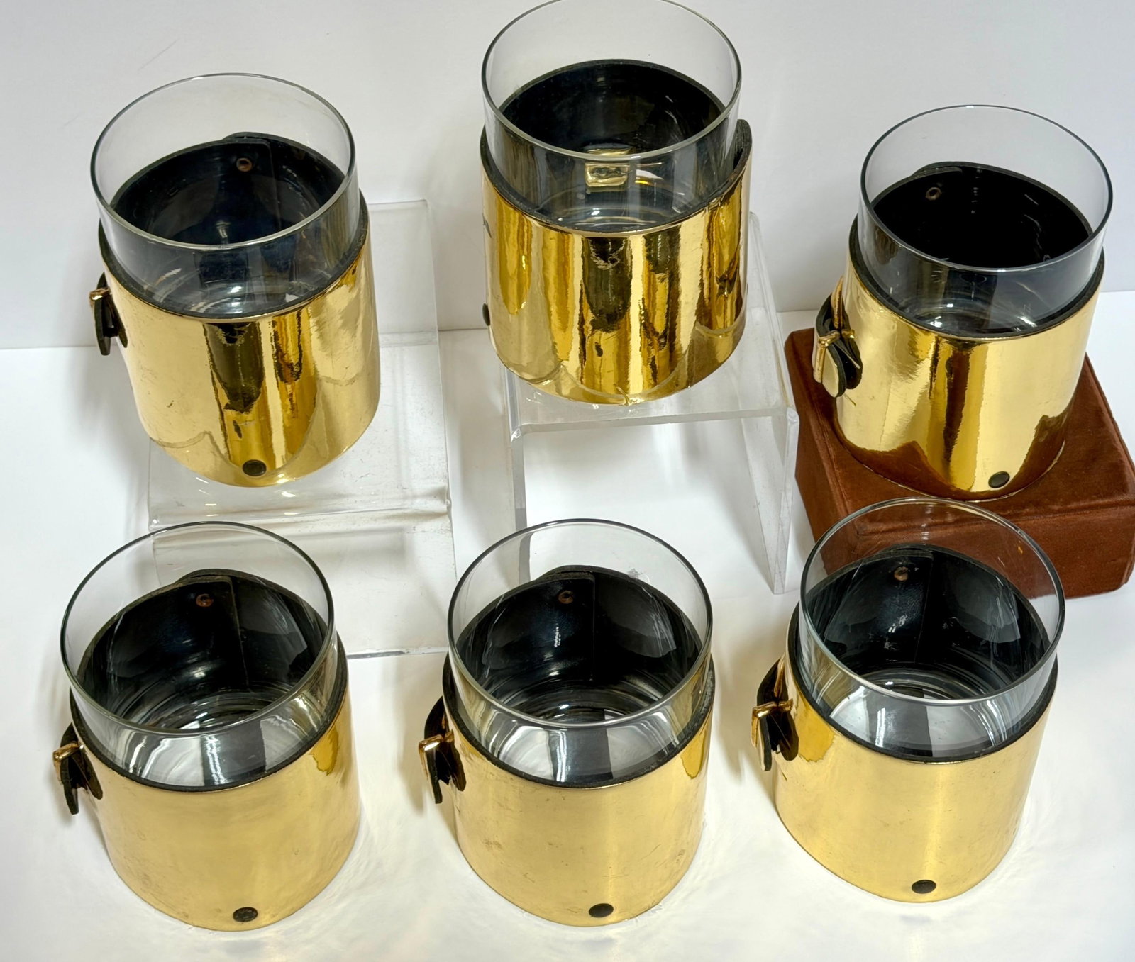 Late 20th Century 6 Italian Gold-Plated Leather Horsebit Old Fashioned Glasses, Style of Gucci - 2