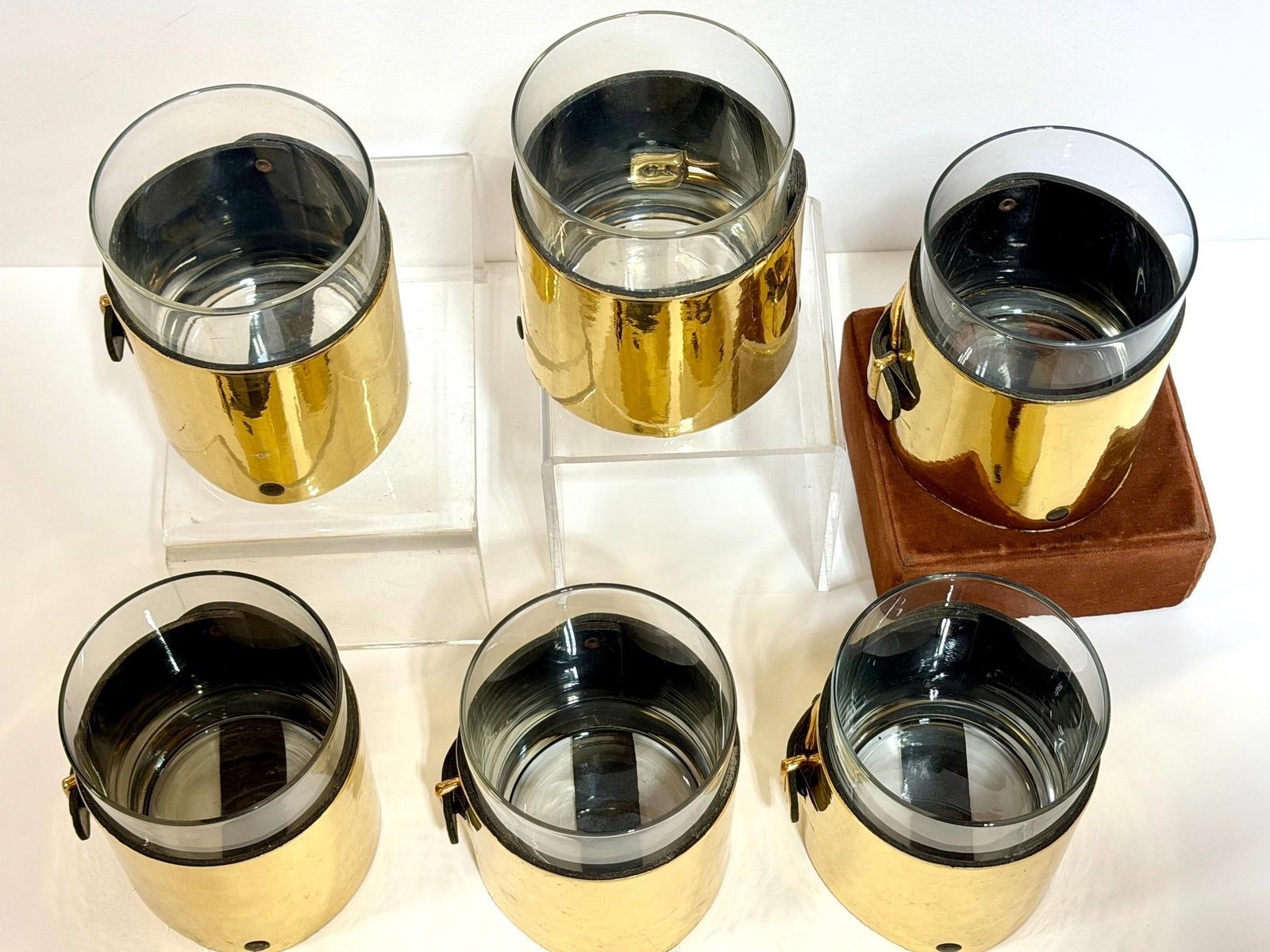 Late 20th Century 6 Italian Gold-Plated Leather Horsebit Old Fashioned Glasses, Style of Gucci - 3
