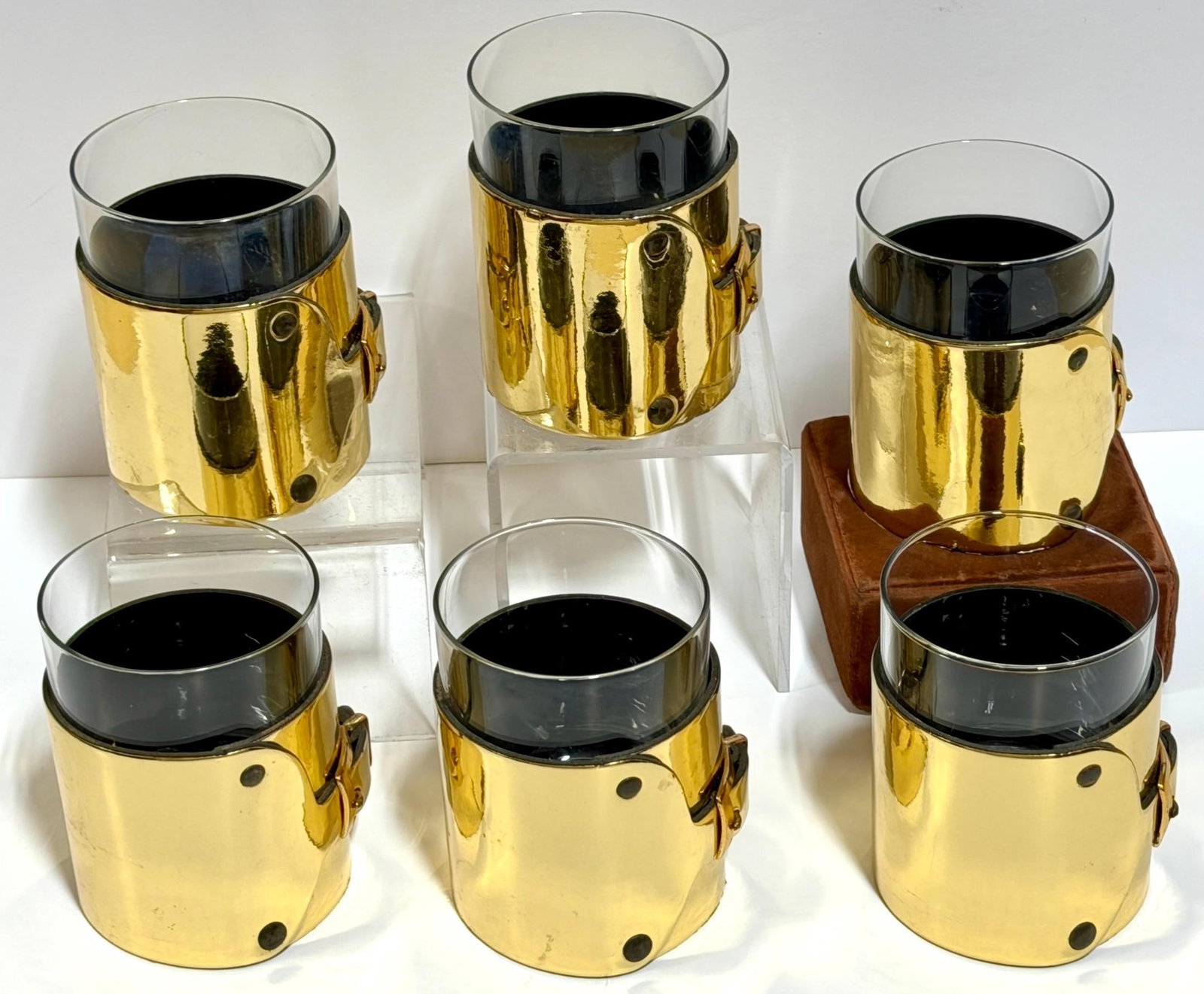 Late 20th Century 6 Italian Gold-Plated Leather Horsebit Old Fashioned Glasses, Style of Gucci - 4