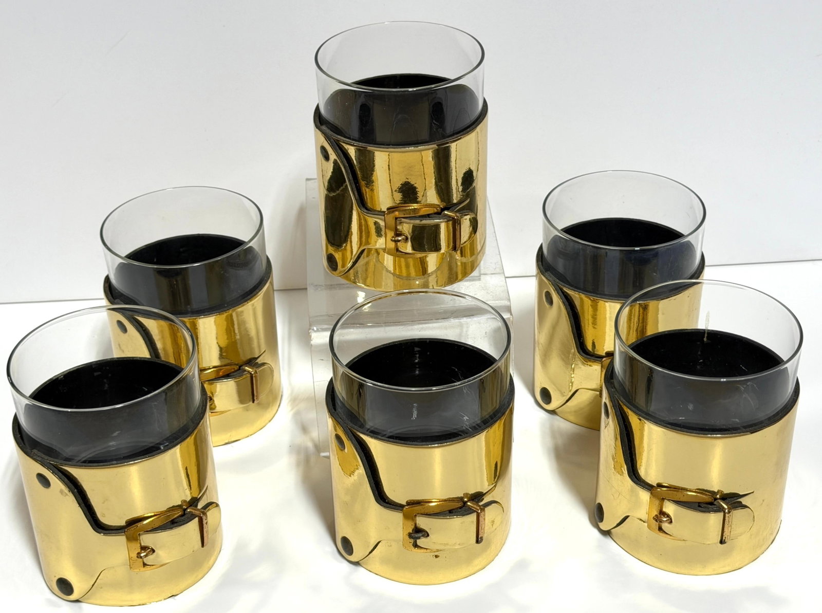 Late 20th Century 6 Italian Gold-Plated Leather Horsebit Old Fashioned Glasses, Style of Gucci - 7