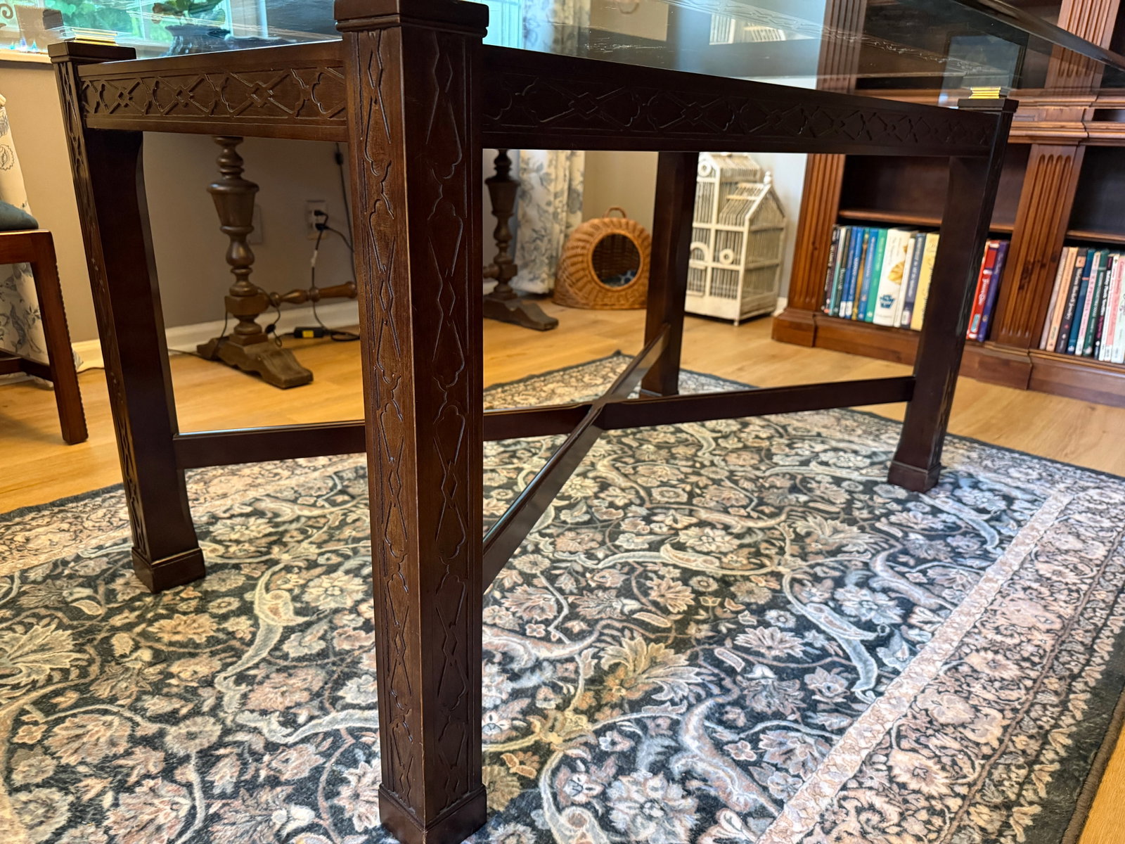 Vintage Maitland Smith Chinese Chippendale Mahogany & Glass Dining Table - 6
