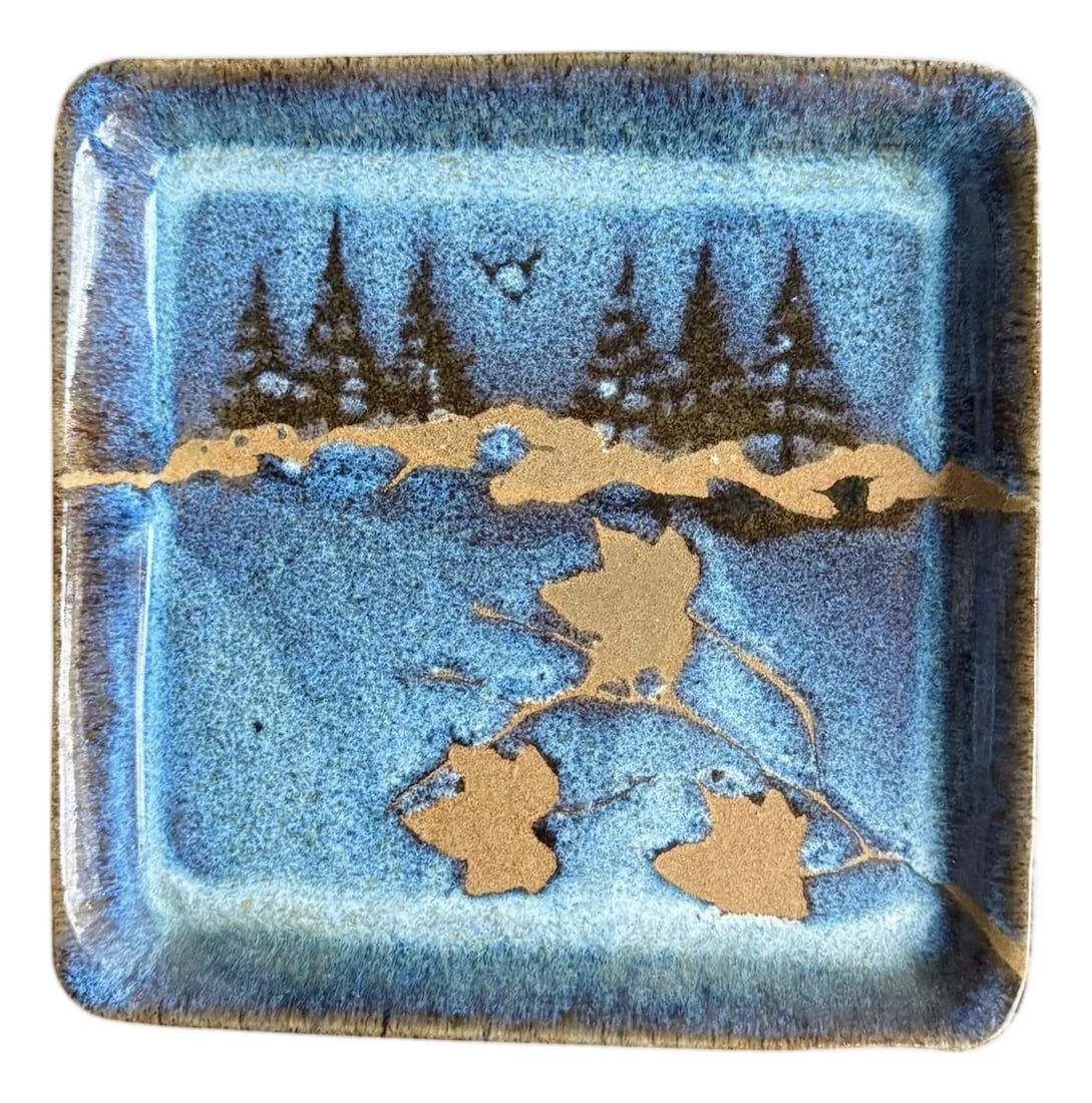 1990s Bristoleaf Studio Pottery Landscape Platter by David Karakatsoulis: Offering from my personal Studio Pottery 1990's Collection this square ceramic platter is a signature "Bristoleaf" style landscape platter created by David Karakatsoulis Pottery. Real leaves (like