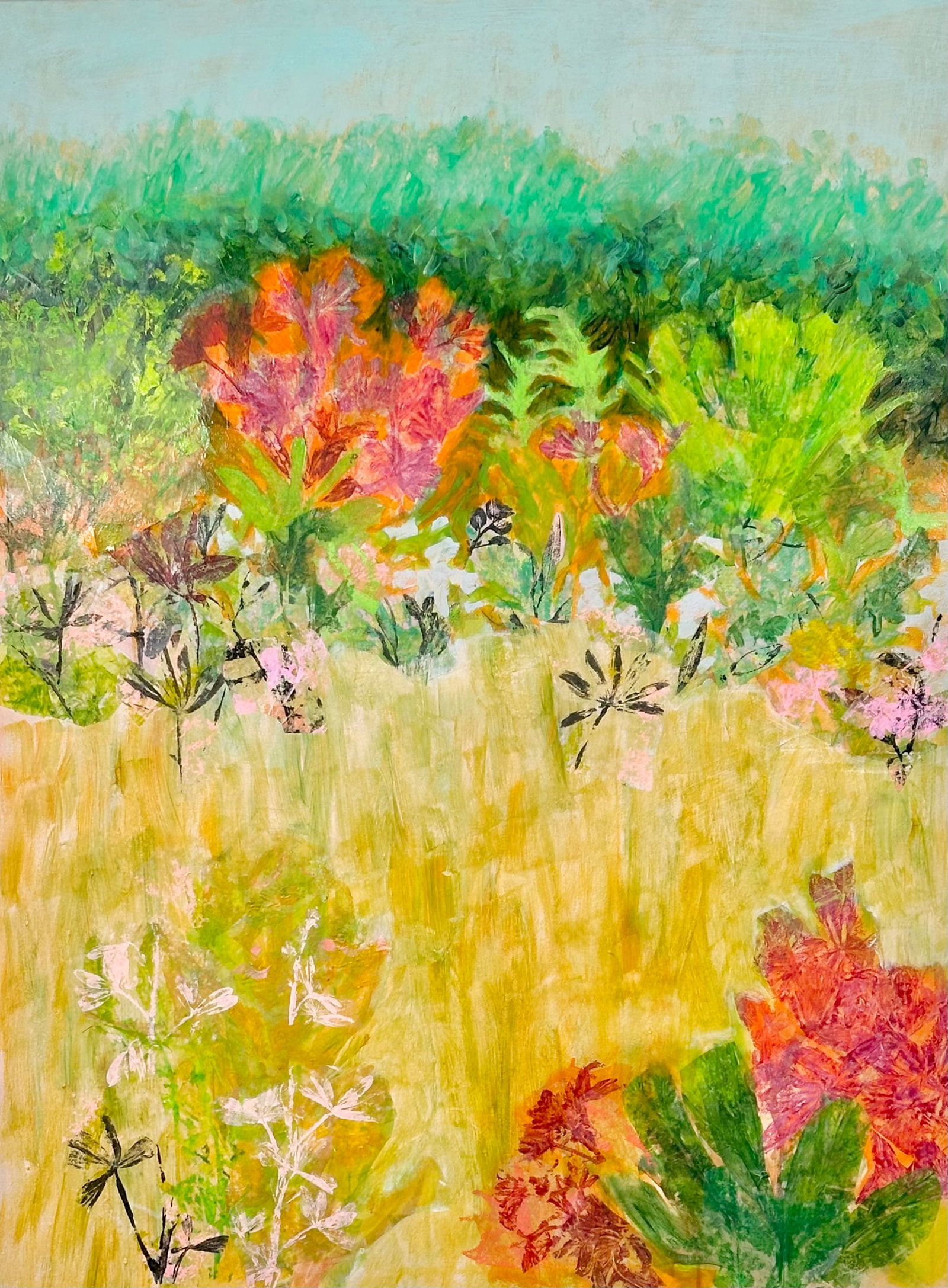 The Garden Next Door: I was visiting overseas in a sunny place ( Cape Town) and made many sketches/small gouaches of the garden next door. This is an experimental piece, I started making and gluing collage pieces where I t