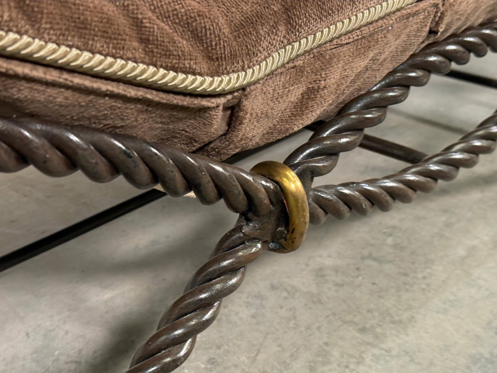 Vintage French Twisted Rope Wrought Iron Bench With Taupe Cushion - 10