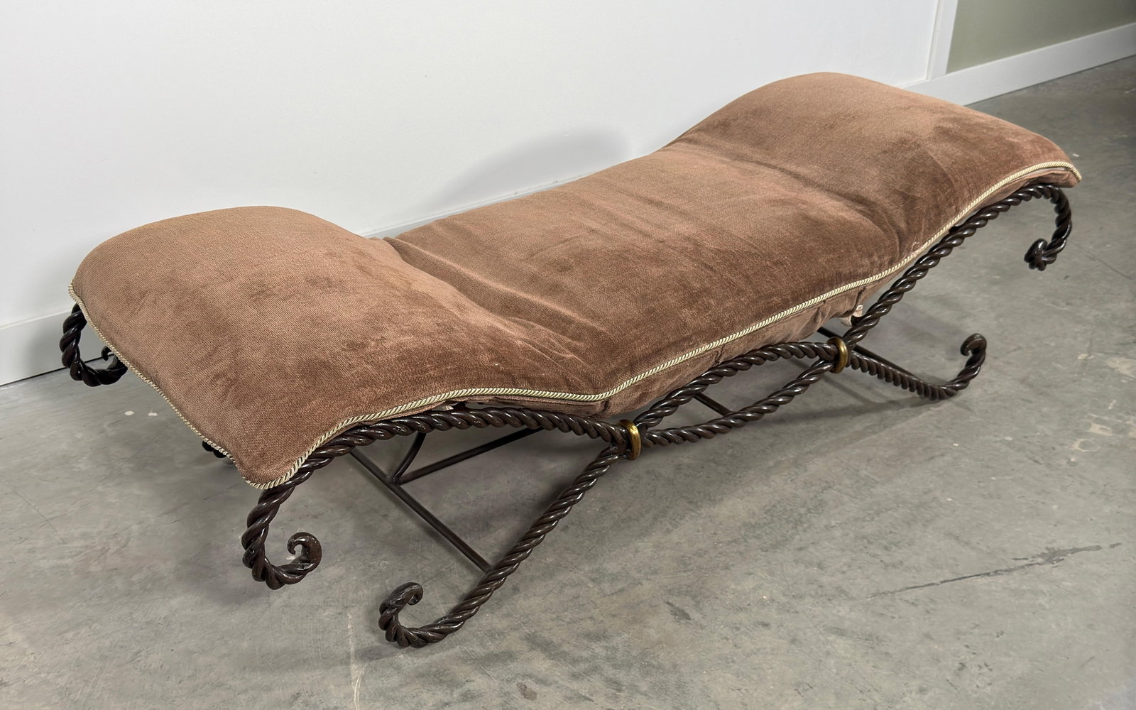 Vintage French Twisted Rope Wrought Iron Bench With Taupe Cushion - 12