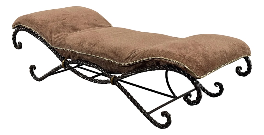 Vintage French Twisted Rope Wrought Iron Bench With Taupe Cushion (1 of 12)