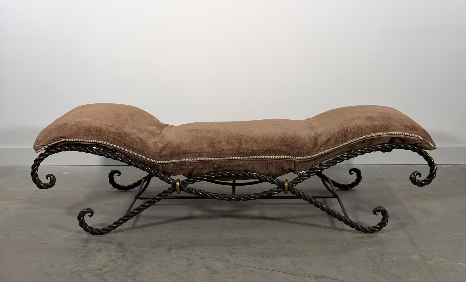 Vintage French Twisted Rope Wrought Iron Bench With Taupe Cushion - 2