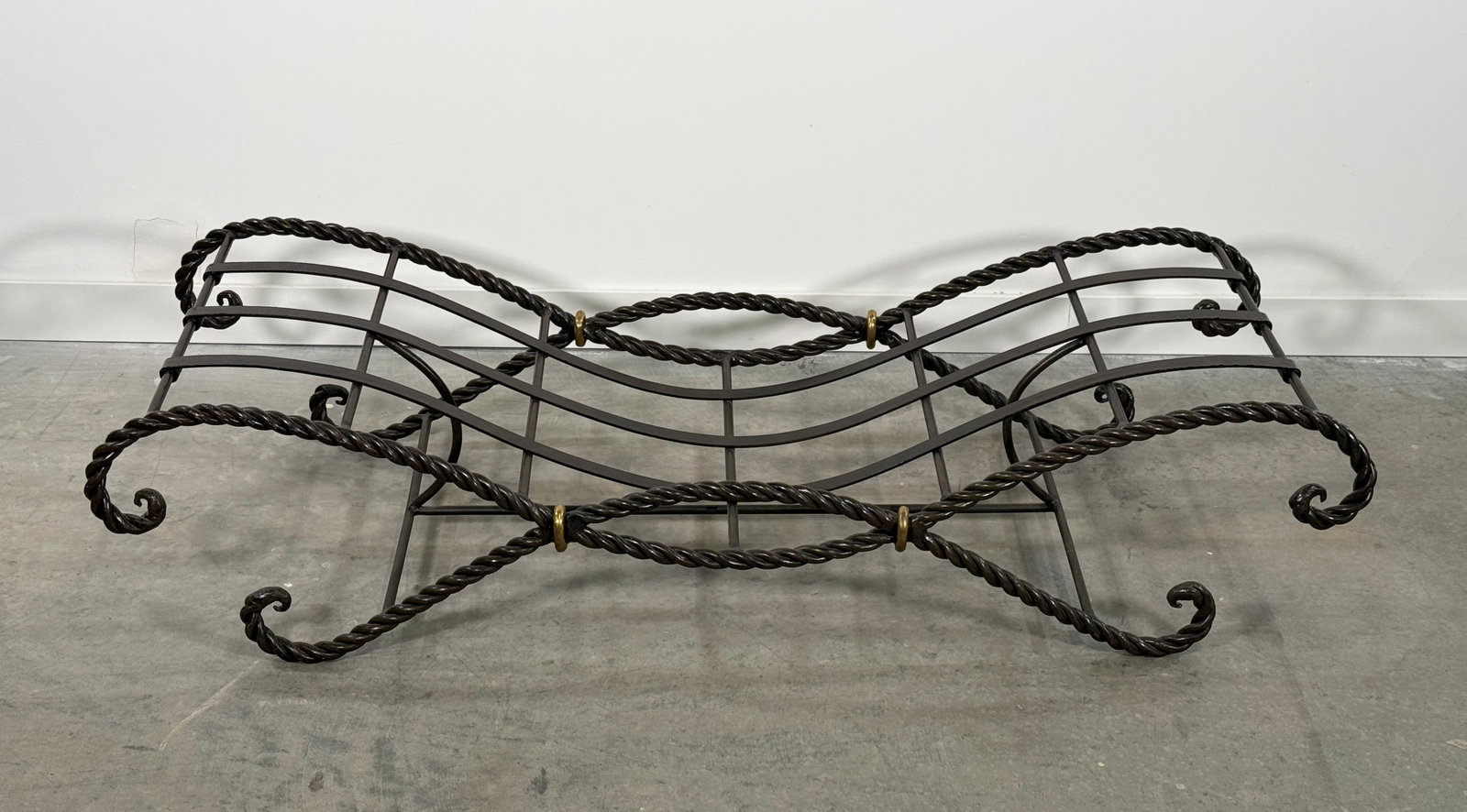 Vintage French Twisted Rope Wrought Iron Bench With Taupe Cushion - 3