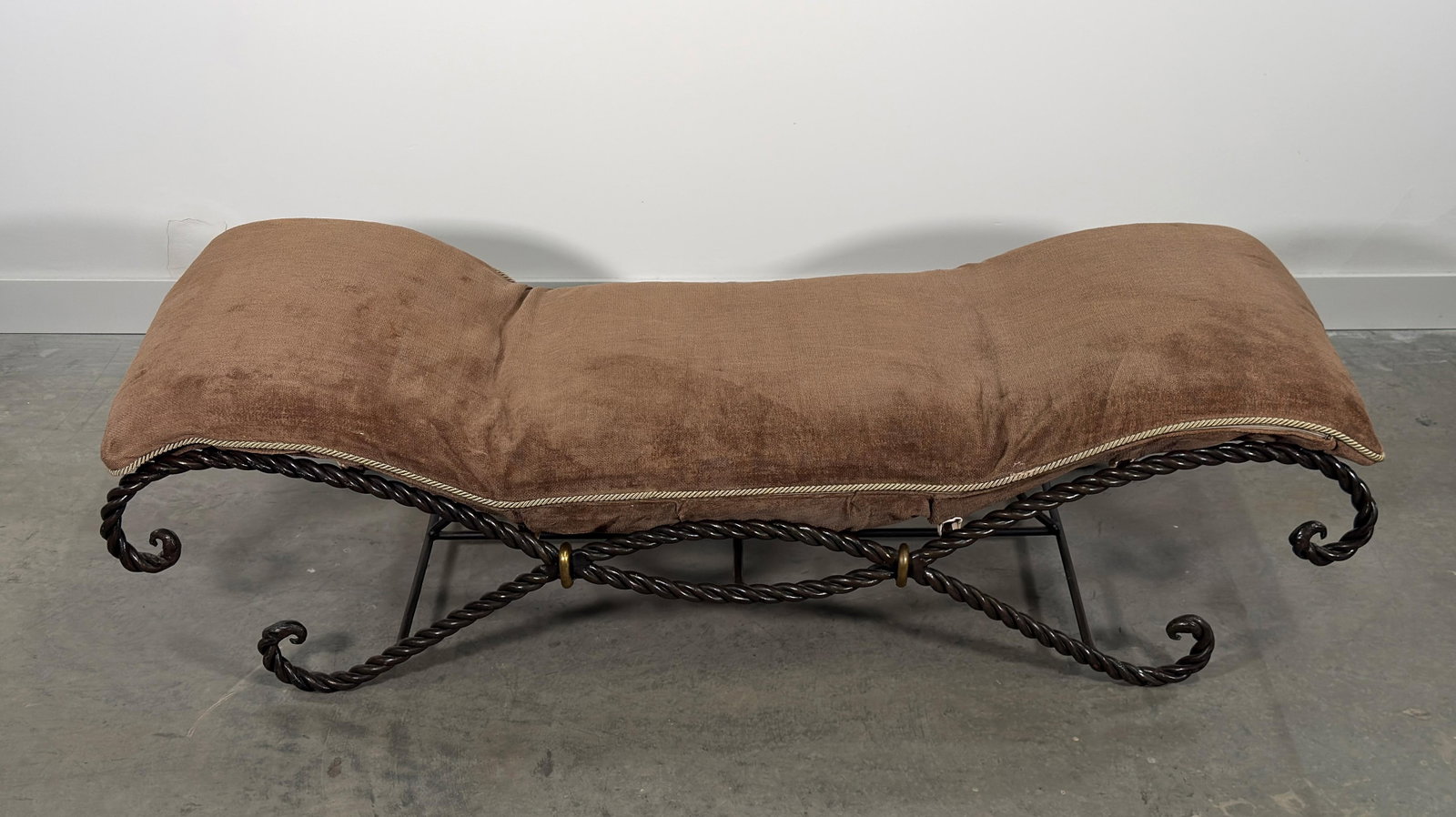 Vintage French Twisted Rope Wrought Iron Bench With Taupe Cushion - 4