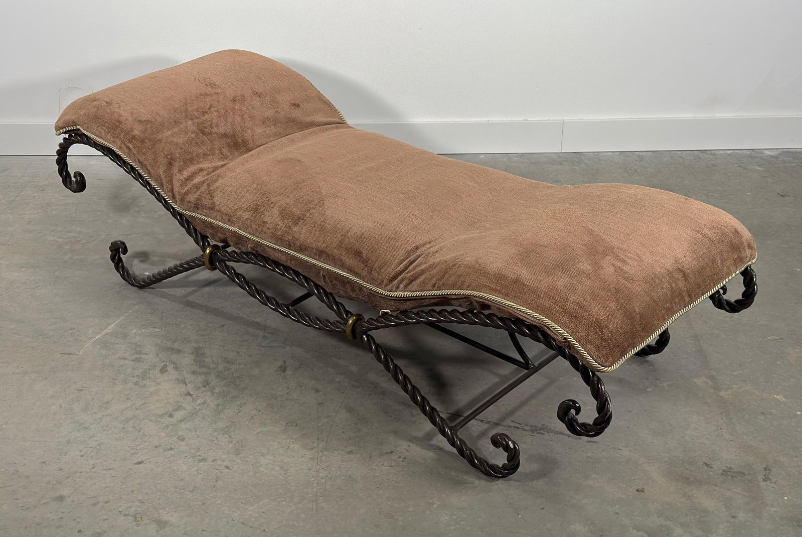 Vintage French Twisted Rope Wrought Iron Bench With Taupe Cushion - 5