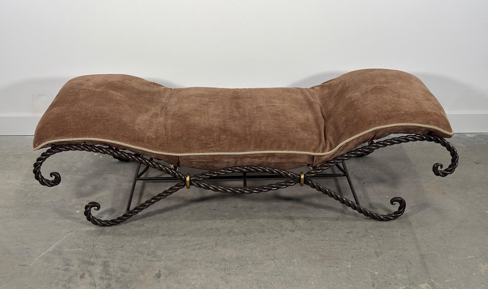 Vintage French Twisted Rope Wrought Iron Bench With Taupe Cushion - 6