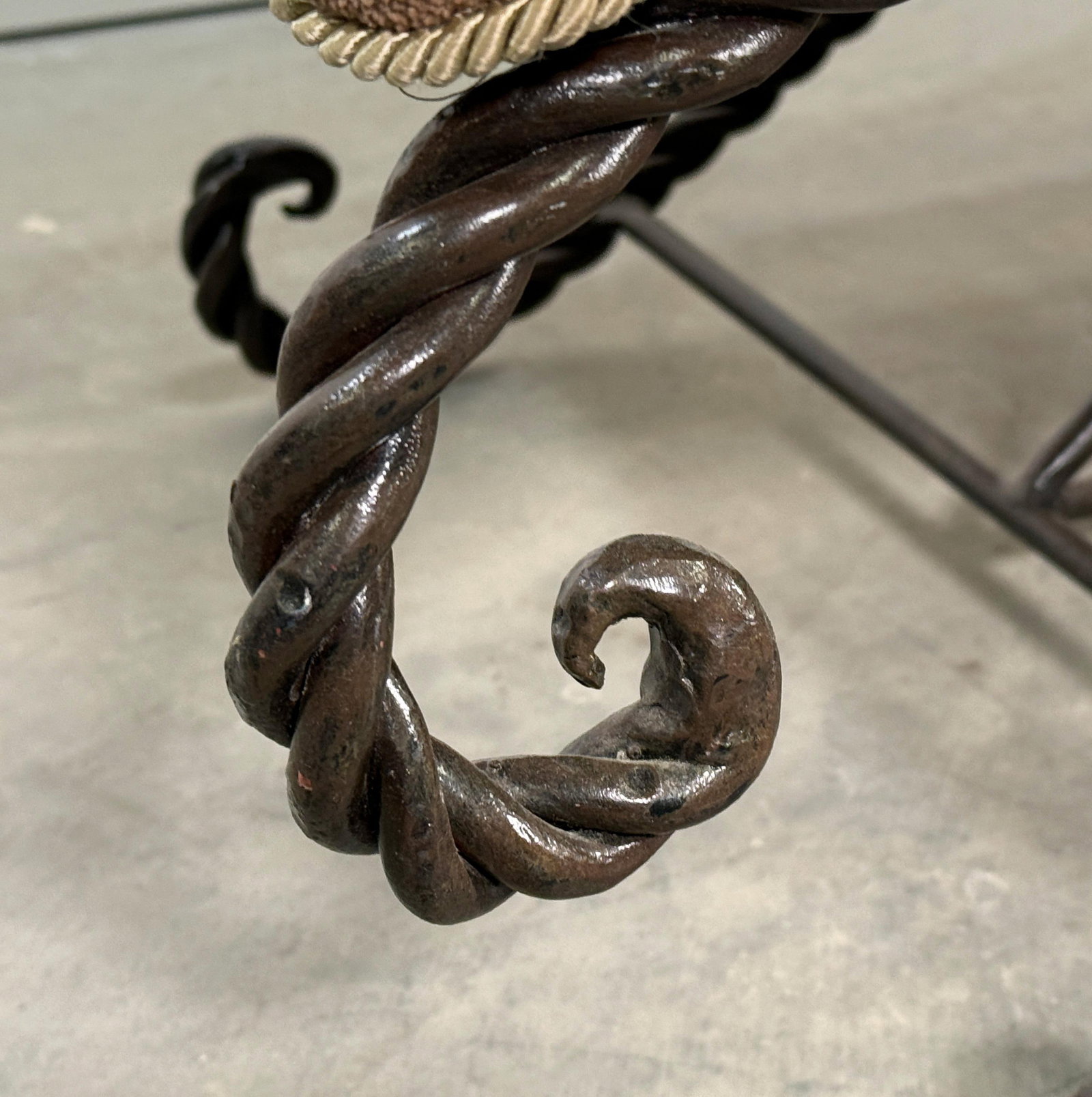Vintage French Twisted Rope Wrought Iron Bench With Taupe Cushion - 8