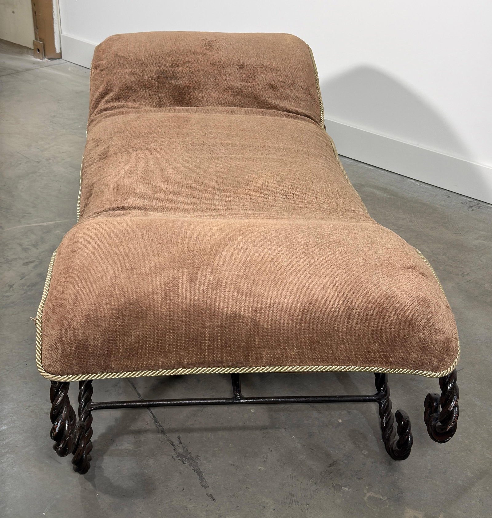 Vintage French Twisted Rope Wrought Iron Bench With Taupe Cushion - 9