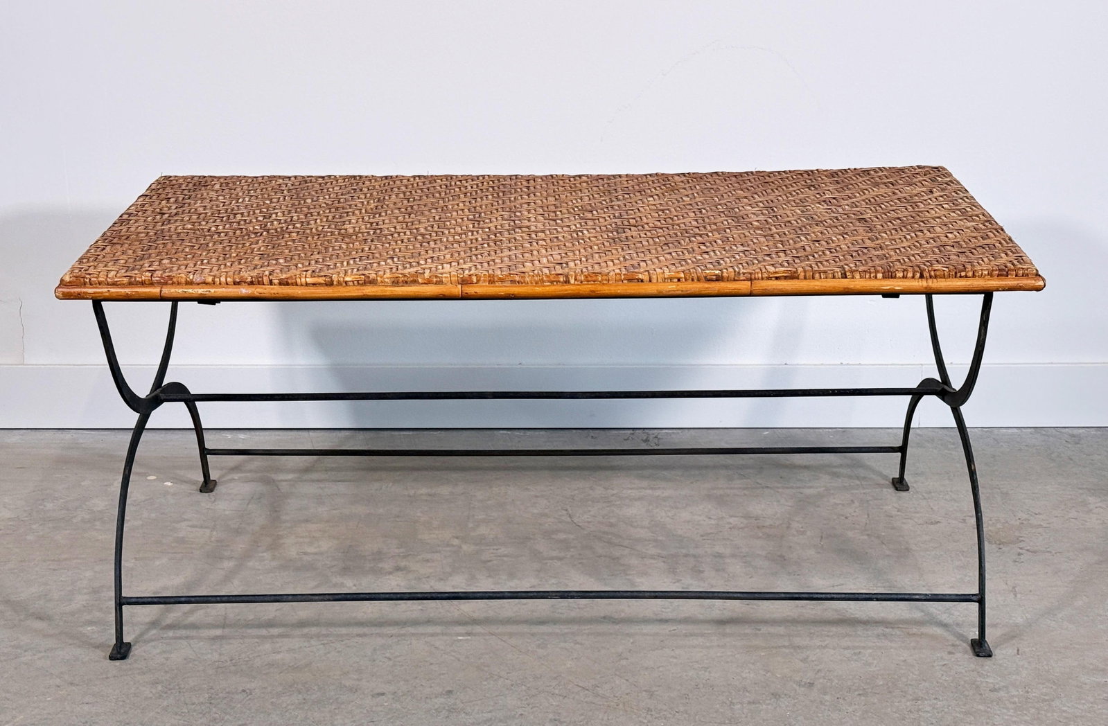 Vintage Woven Herringbone Rattan Top and Wrought Iron Folding Coffee Table - 2