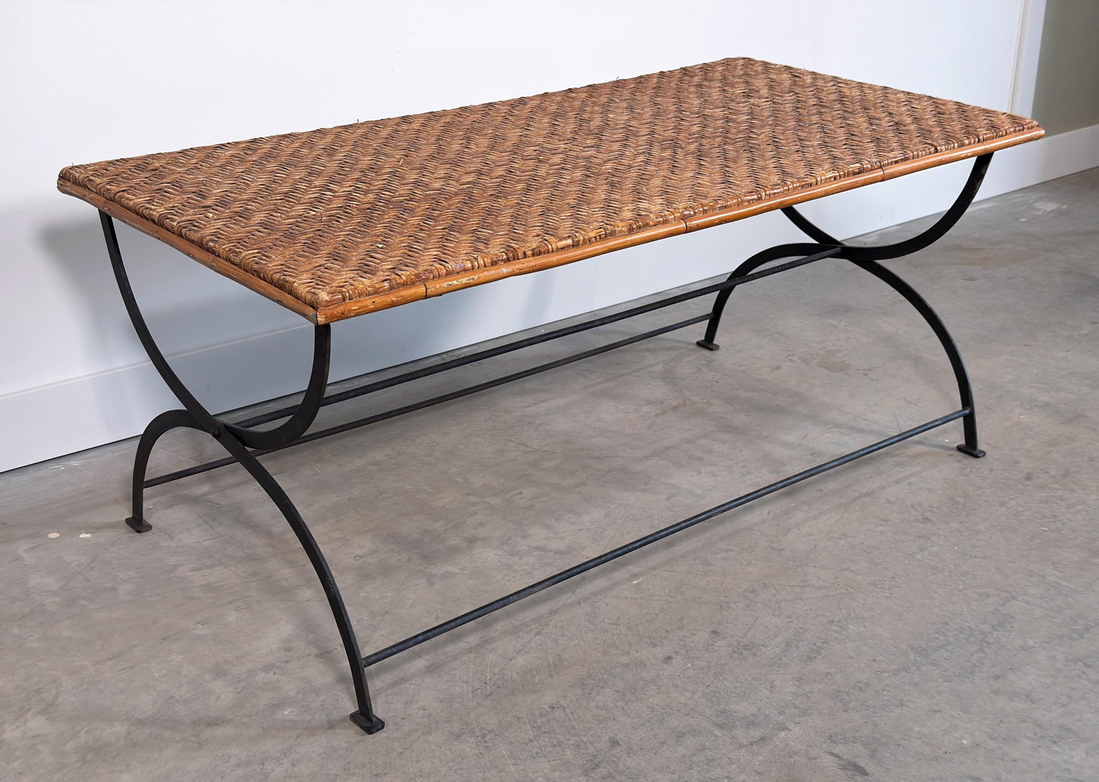 Vintage Woven Herringbone Rattan Top and Wrought Iron Folding Coffee Table - 3