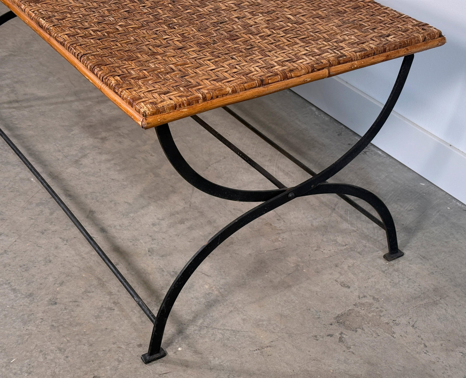 Vintage Woven Herringbone Rattan Top and Wrought Iron Folding Coffee Table - 4