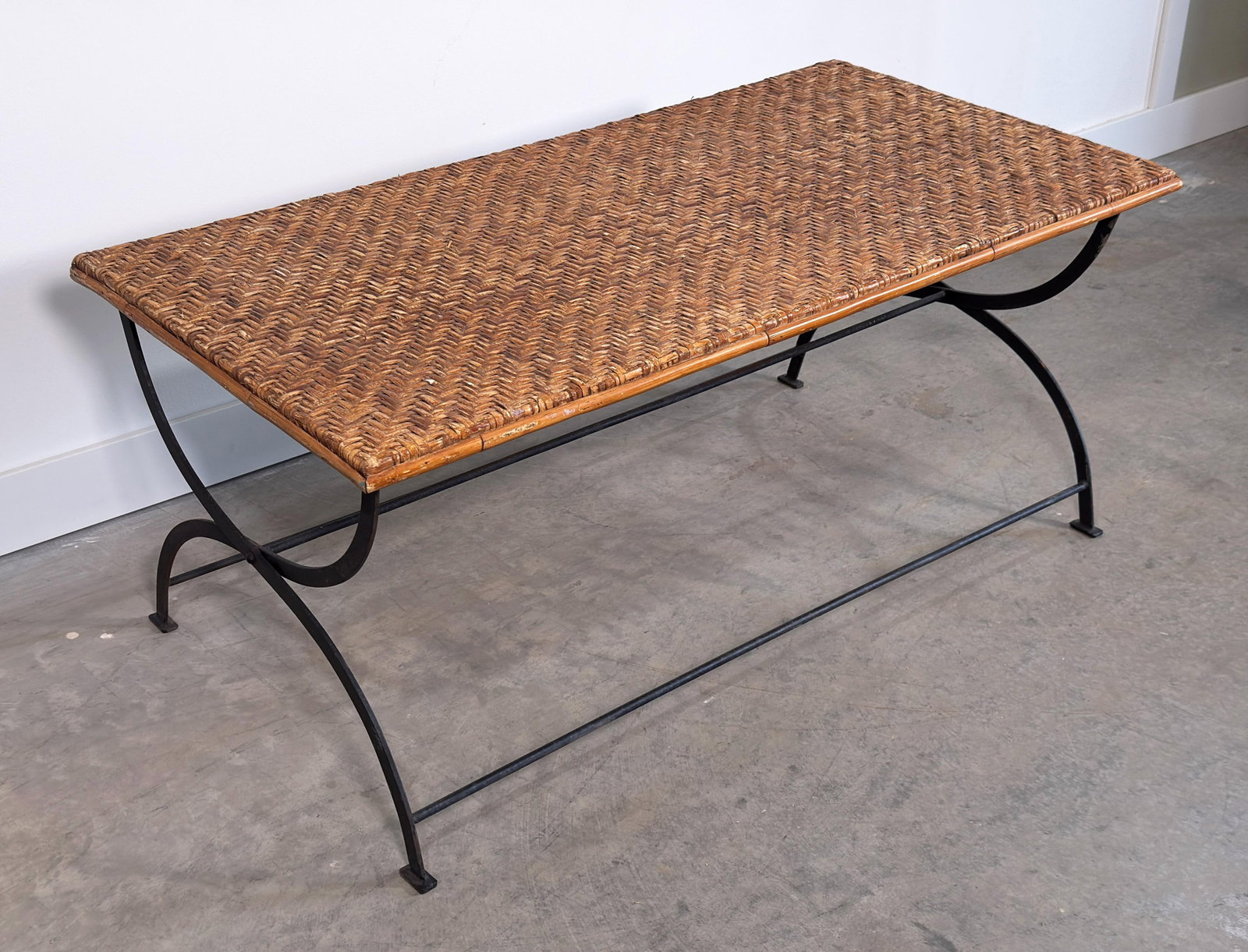 Vintage Woven Herringbone Rattan Top and Wrought Iron Folding Coffee Table - 7