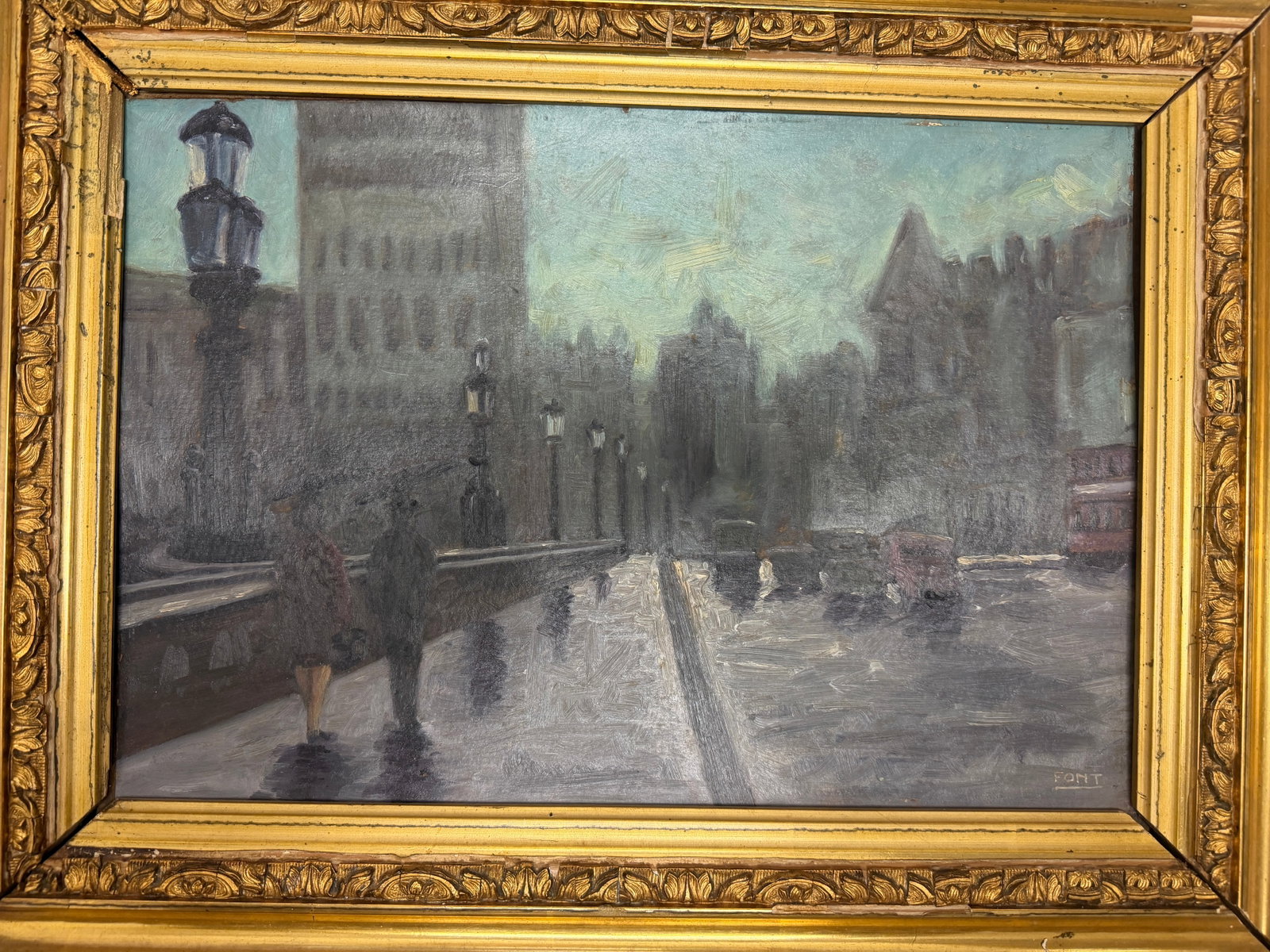 Mid 20th Century Signed Font - Boulevard in the Rain, Oil on Canvas - 12