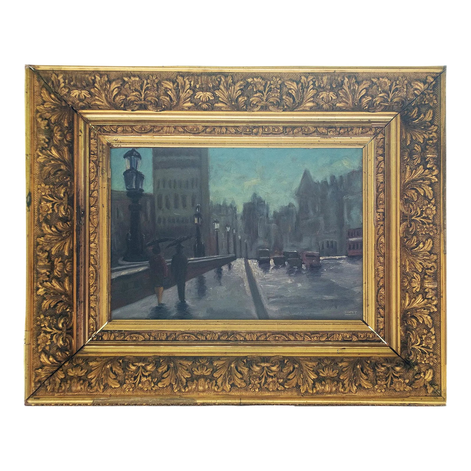 Mid 20th Century Signed Font - Boulevard in the Rain, Oil on Canvas: Atmospheric mid-century French oil on canvas depicting a rainy boulevard scene with pedestrians, automobiles, and glowing streetlights emerging through a misty urban landscape. Executed in an Impressi