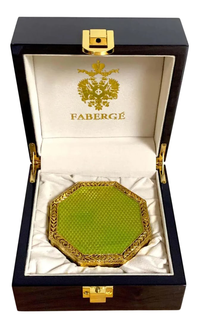 Late 20th Century Neoclassical Octagonal Green Guilloche & Ormolu Box, After Faberge: Neoclassical octagonal green Guilloche & Ormolu box, after Faberge A fine late 20th century example, intricate, well executed example, with presentation box. The box enamel box measures 3.75 diameter