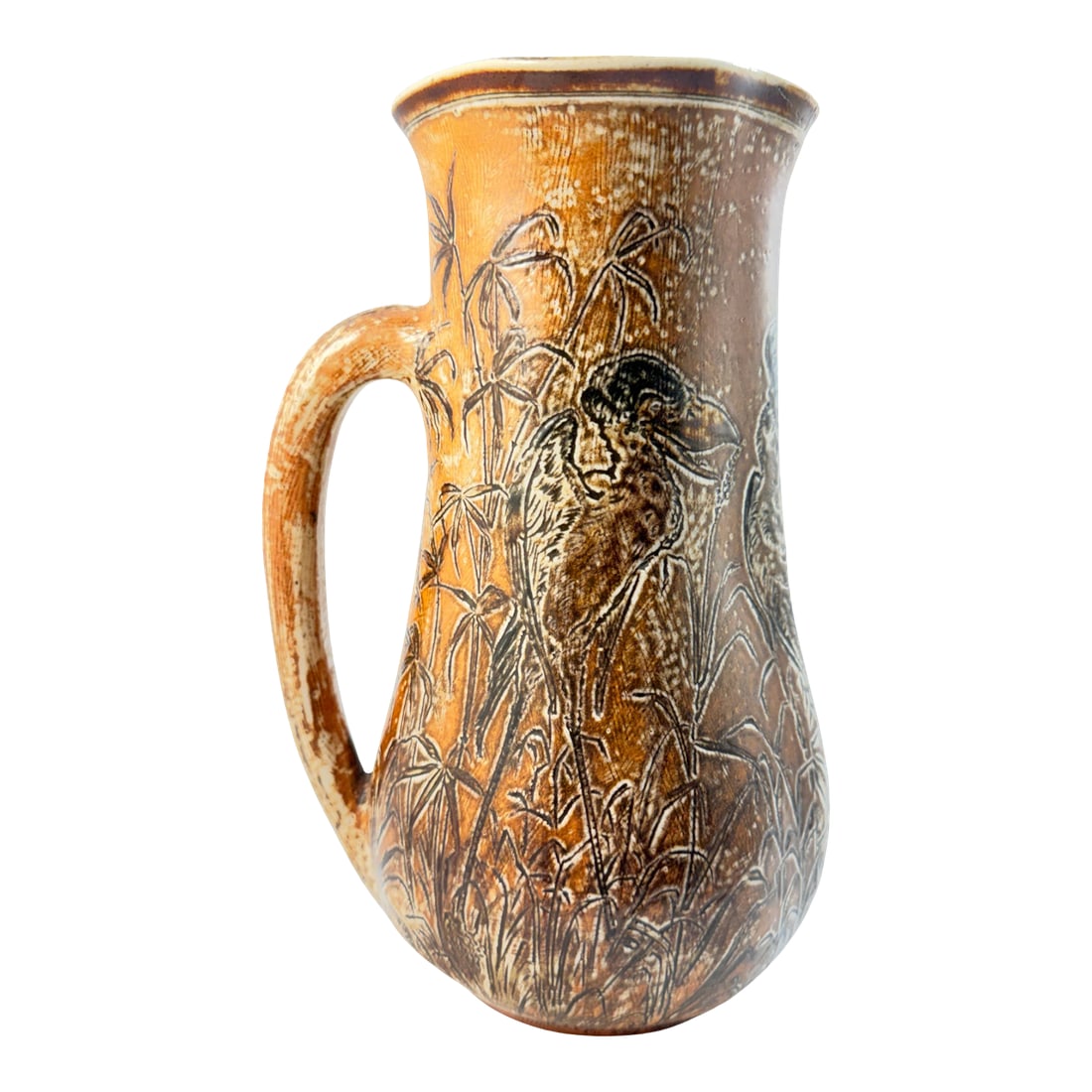 Rare 1893 Martin Brothers London & Southall Pottery Pitcher Wally Birds: This rare Martin Brothers pottery pitcher is a striking late 19th-century example of the celebrated English pottery studio's whimsical and highly collectible work. Signed and dated "Martin Bros London