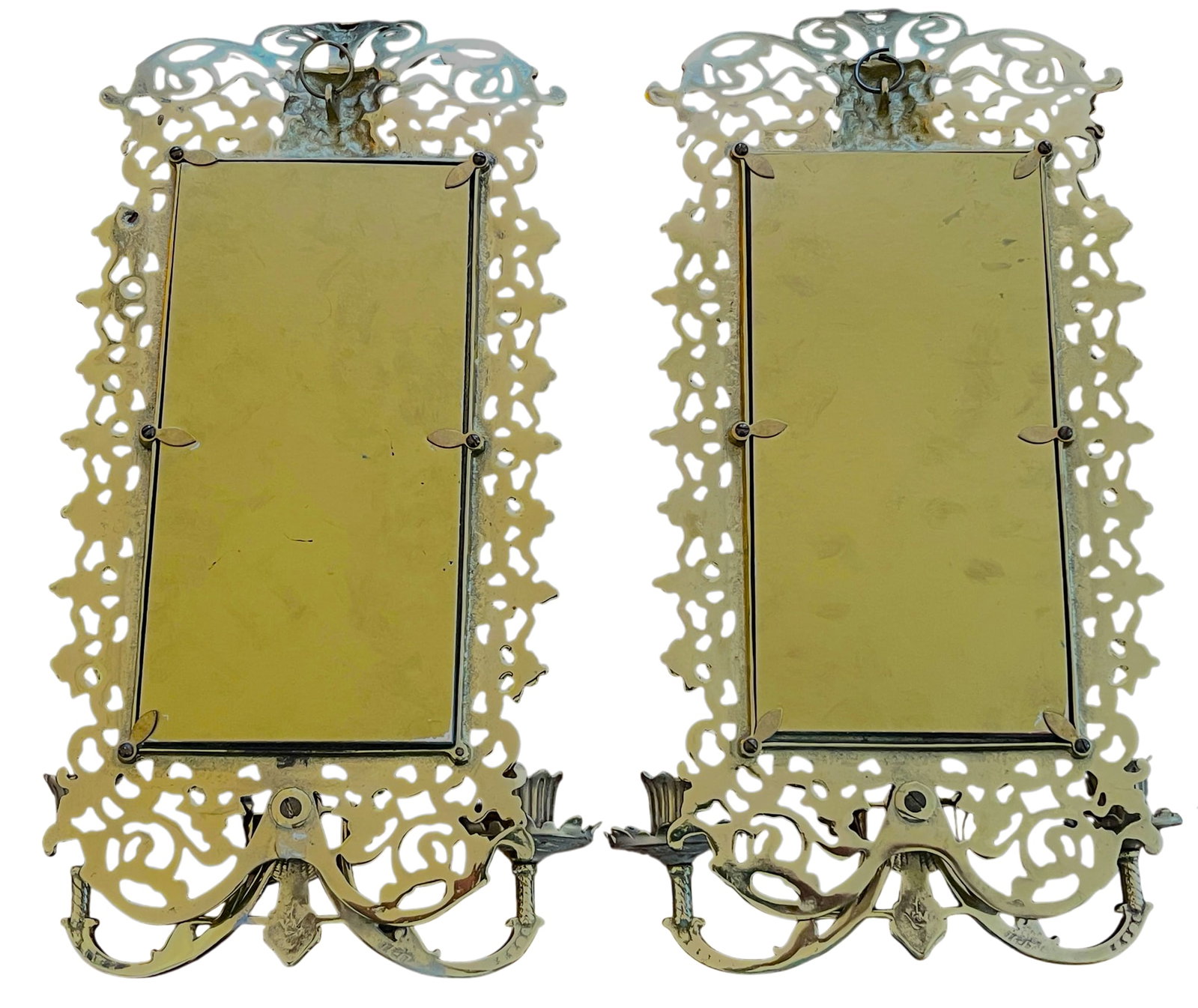Pair of Virginia Metalcrafters Brass Wall Mirror Sconces With Green Man Motif & Candleholders - 10