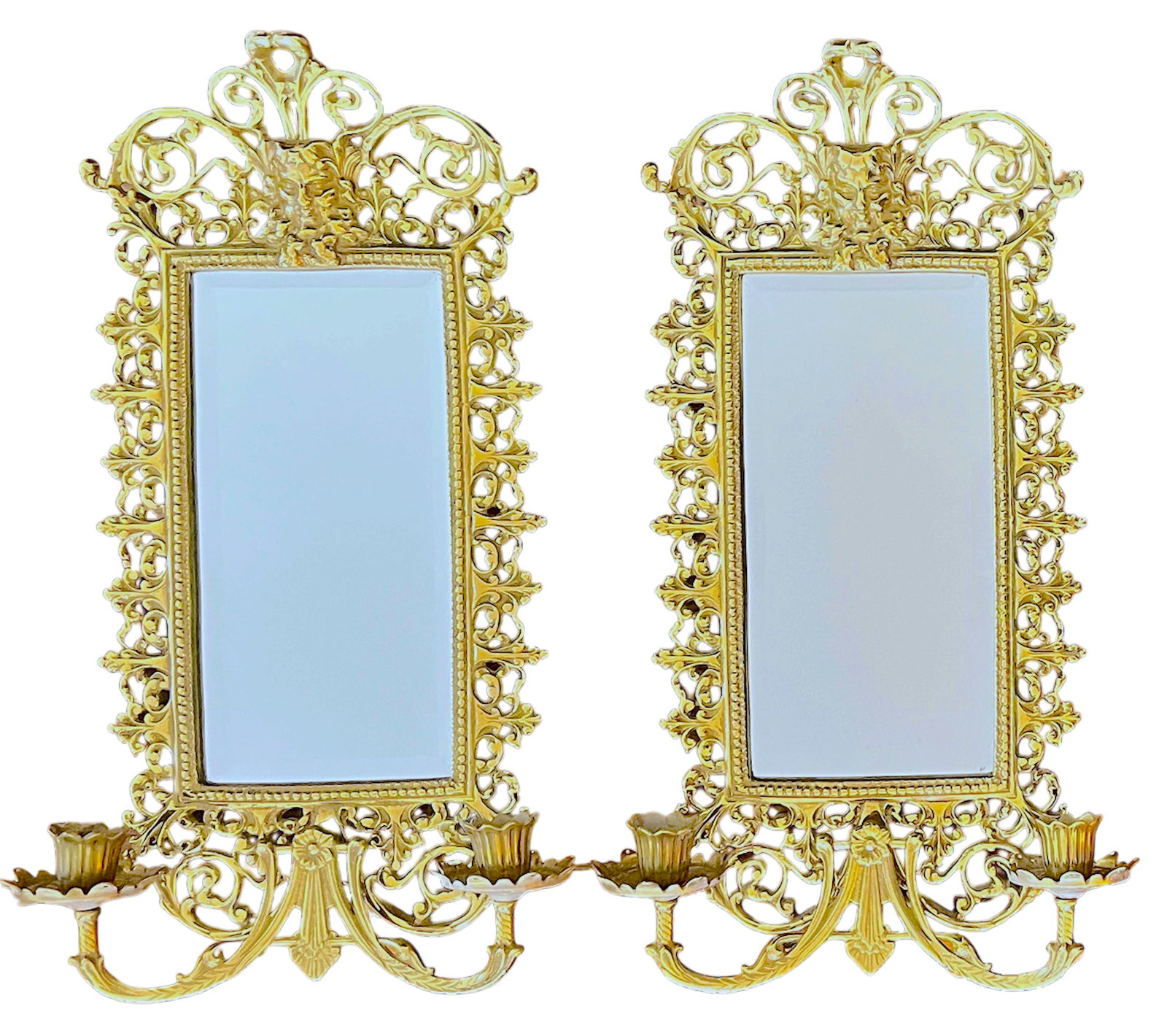 Pair of Virginia Metalcrafters Brass Wall Mirror Sconces With Green Man Motif & Candleholders - 2