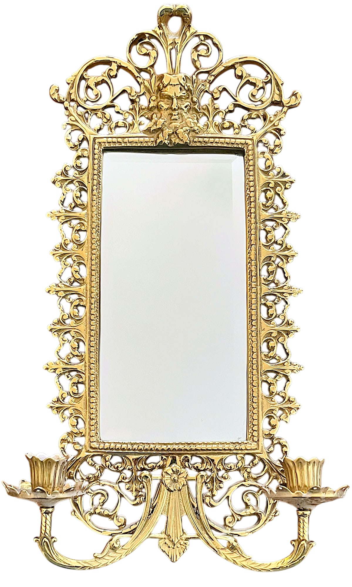 Pair of Virginia Metalcrafters Brass Wall Mirror Sconces With Green Man Motif & Candleholders - 3