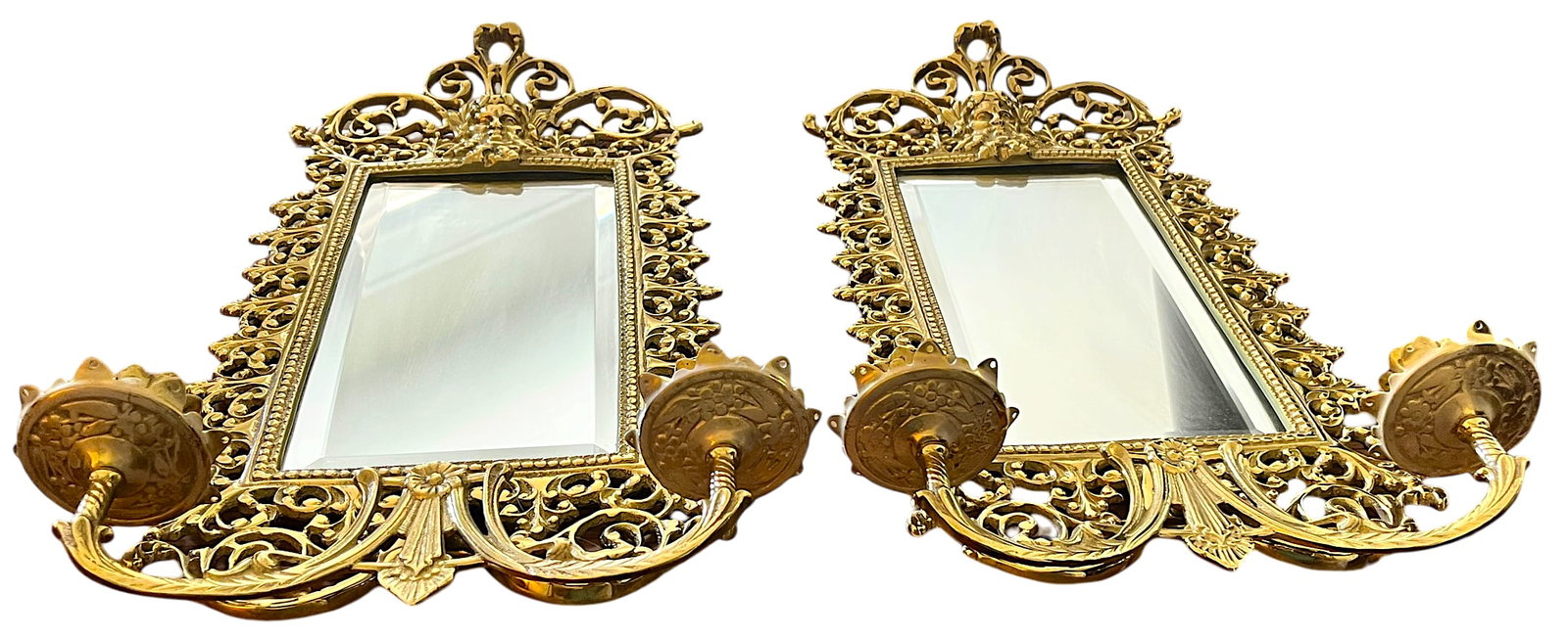 Pair of Virginia Metalcrafters Brass Wall Mirror Sconces With Green Man Motif & Candleholders - 5