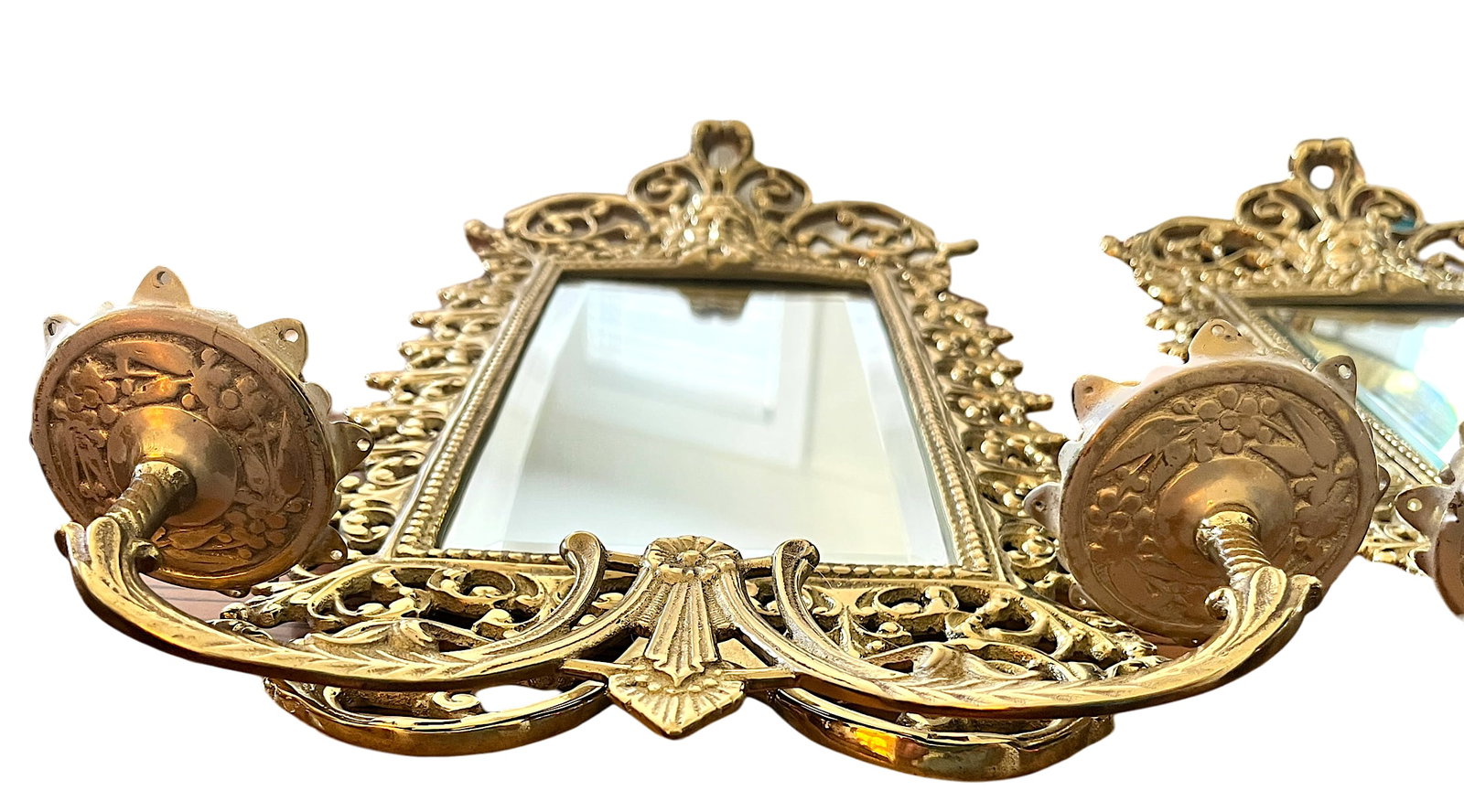 Pair of Virginia Metalcrafters Brass Wall Mirror Sconces With Green Man Motif & Candleholders - 6