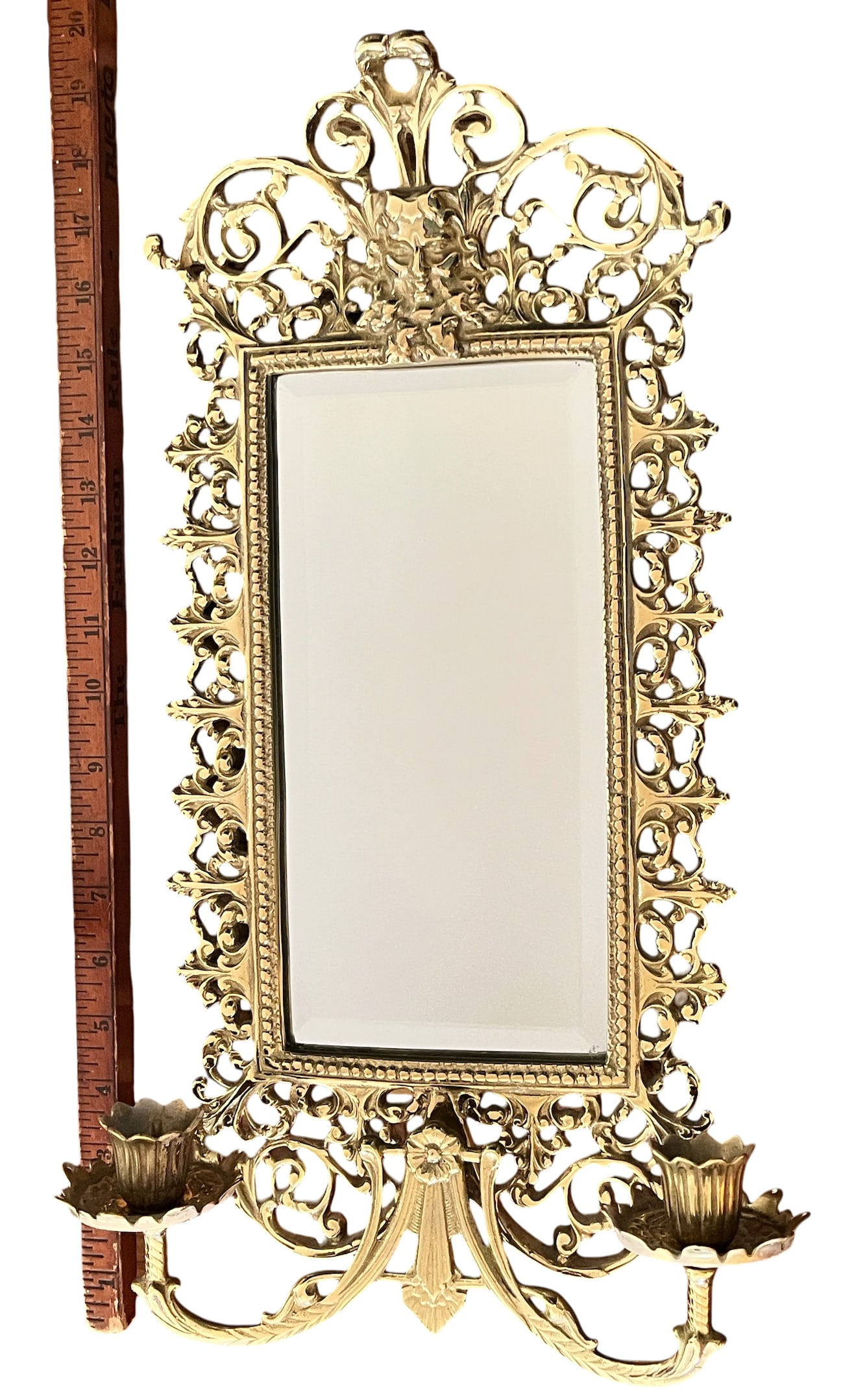Pair of Virginia Metalcrafters Brass Wall Mirror Sconces With Green Man Motif & Candleholders - 7