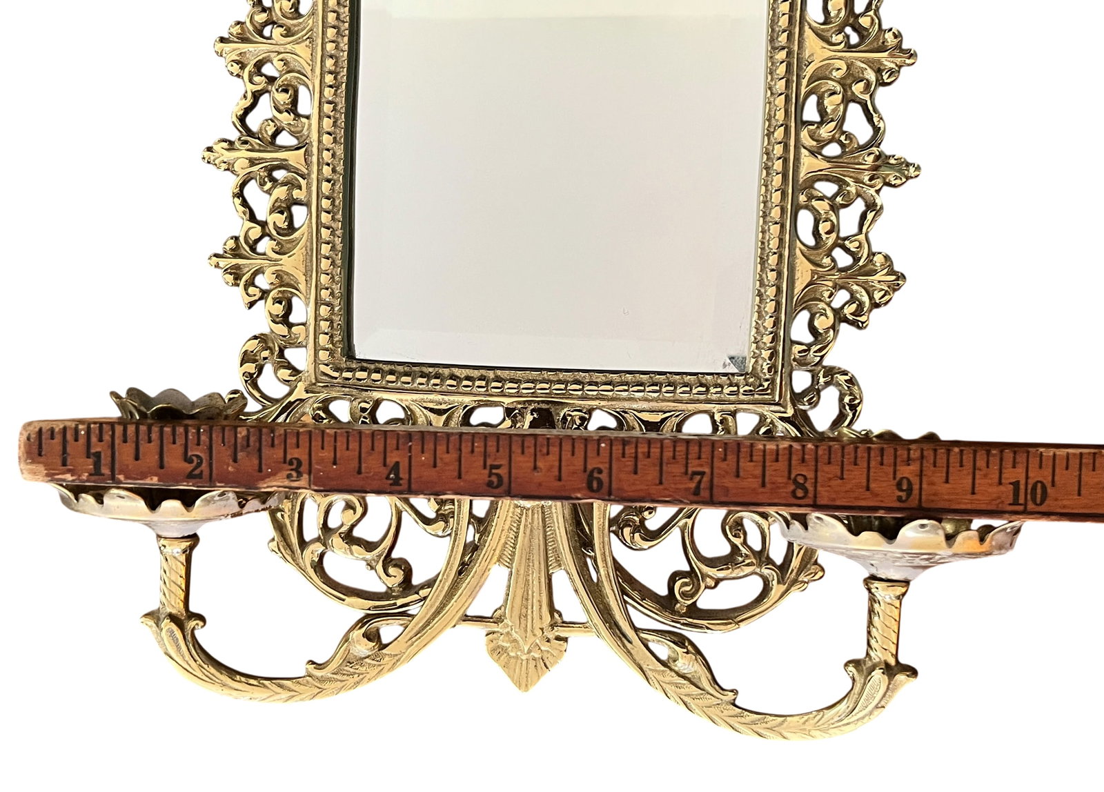 Pair of Virginia Metalcrafters Brass Wall Mirror Sconces With Green Man Motif & Candleholders - 8