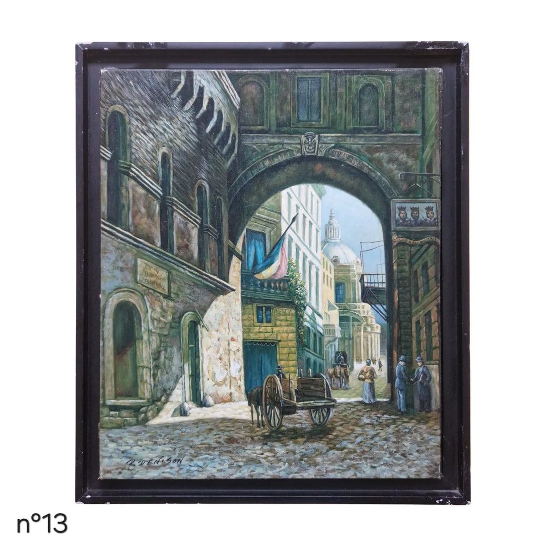 Mid-20th Century Signed P. Denison - European Street Scene With Archway, Oil on Canvas - 2