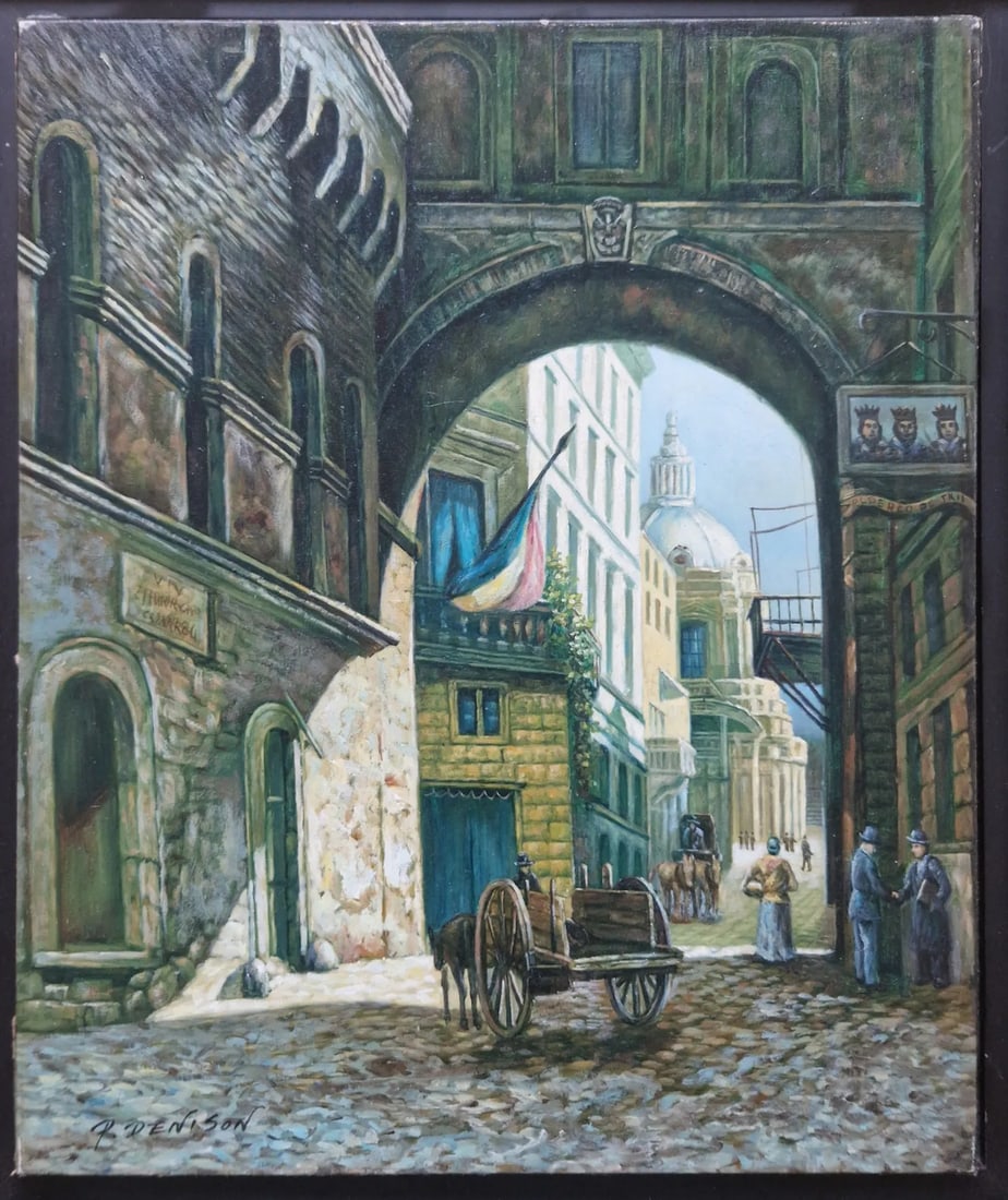 Mid-20th Century Signed P. Denison - European Street Scene With Archway, Oil on Canvas - 3