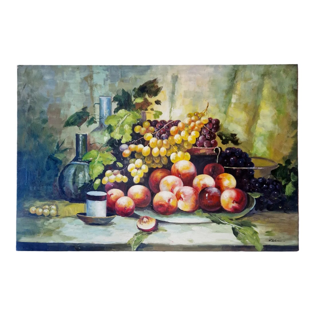 Mid-20th Century Signed F. Lebon - Still Life With Grapes and Peaches, Oil on Canvas: Oil on canvas depicting a still life arrangement of grapes, peaches, and glass vessels on a tabletop. The composition is set against a softly blended background with diffused light, emphasizing the