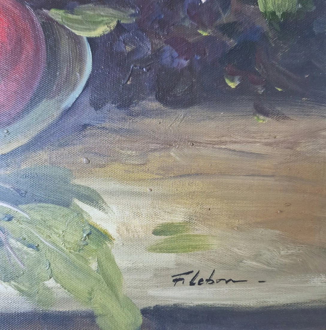 Mid-20th Century Signed F. Lebon - Still Life With Grapes and Peaches, Oil on Canvas - 3