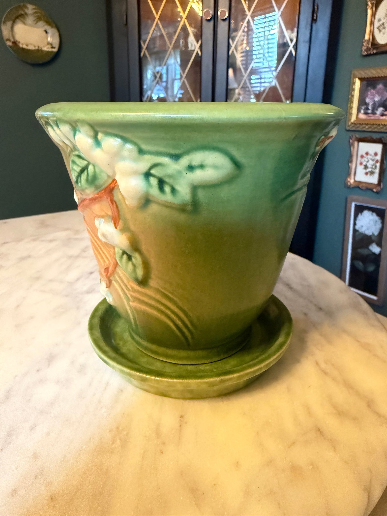 Roseville Snowberry Green 1947 Vintage Art Pottery Flower Pot Planter 1ps-5 - 2