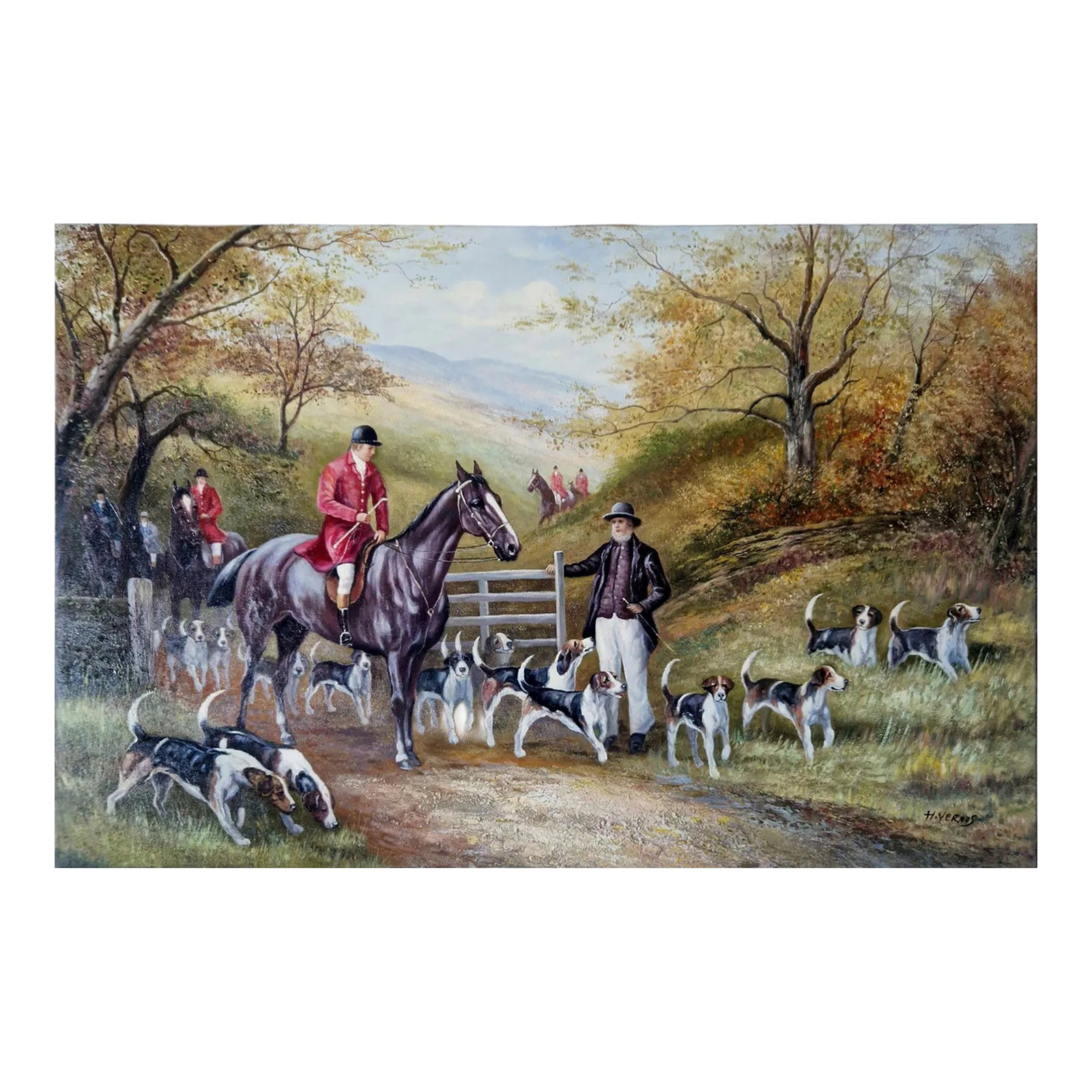 Mid-20th Century Signed H. Verdus - English Hunt Scene With Riders and Hounds, Oil on Canvas: Original oil on canvas by H. Verdus, depicting a traditional English hunt scene with riders in red coats, a mounted horseman, and a pack of foxhounds gathered along a wooded country lane. Rolling